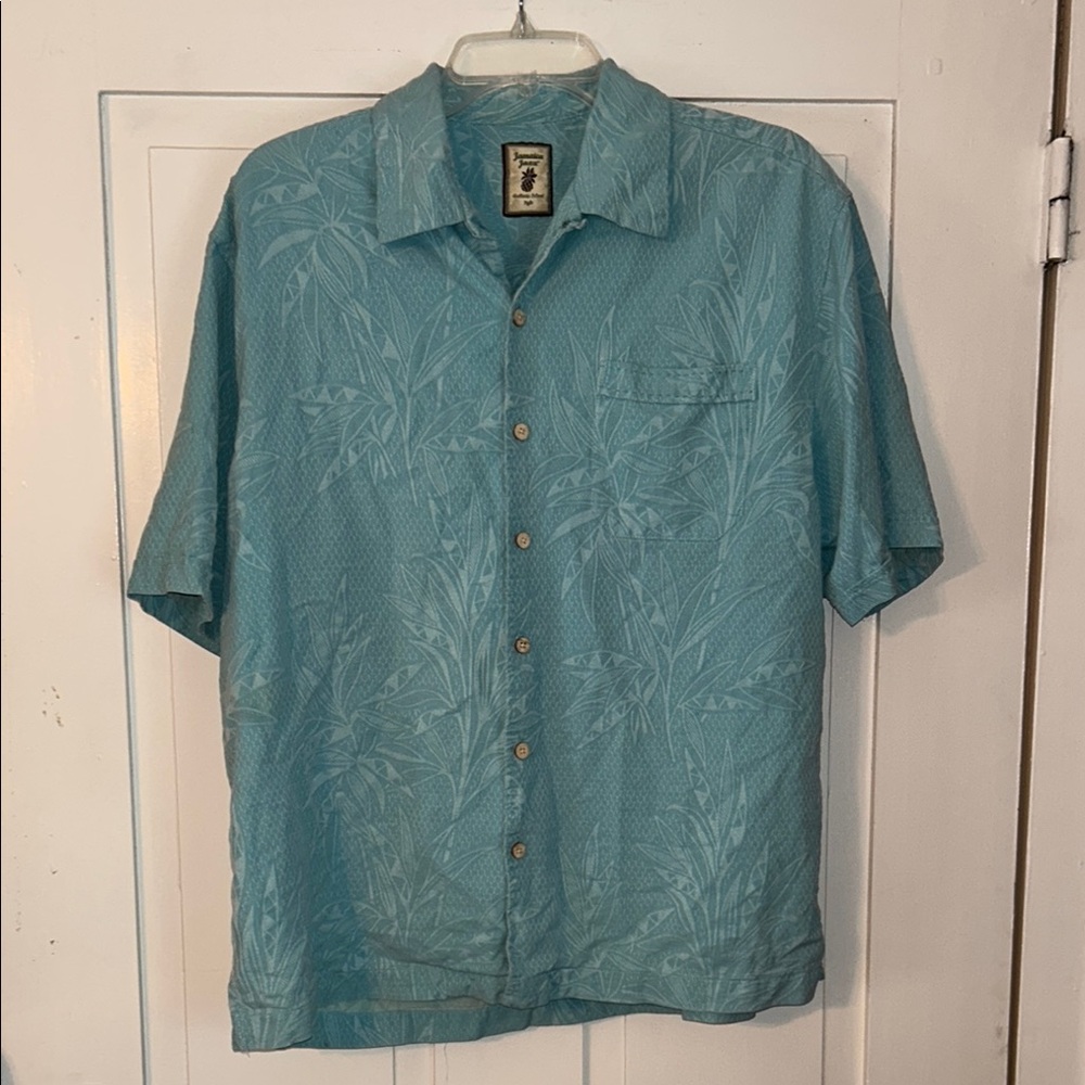 JAMAICA JAXX Men's 100% Silk Blue Short Sleeve Shirt aloha Hawaiian Butt…